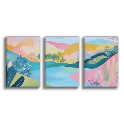 Impression sur toile de style bohème abstrait paysage de lac pastel 50x75cm