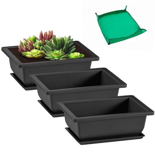 GROWNEER 3 Pcs 6.5 Inch Bonsai Pots with Drainage Humidity Trays & 1 Repotting Mat, Durable Bonsai...