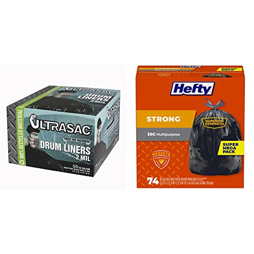 Ultrasac Heavy Duty 55-60 Gallon Trash Bags - (Large 50 Pack/W Ties) - 2 Mil Industrial Strength Plastic Drum Liners 38" X 58" & Hefty Strong Large Trash Bags #TOP29