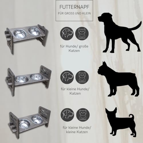 Personalisierte Futterstation in Grau | Erhöhter Futternapf für Hund und Katze | Fressnapf höhenverstellbar | Hundenapf erhöht | Katzennapf | Futterbar aus Holz
