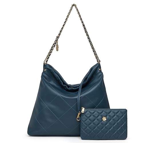 DORIS&JACKY Quilted Leather Tote Bag for Women Large Shoulder Handbags Travel Work Purse(2-Blue)