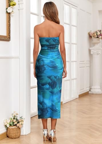 Image of ALENDA DANMOS Womens Strapless Printed Midi Dress with Slit Floral Mesh Tube Top Dresses Ruched Bodycon Party Club Dress 333
