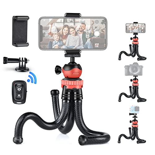 UTEBIT Tripode para Movil, Mini Portátil Palo Selfie Tripode con Mando Distancia Inalámbrico, Teléfonico Pinza, Tornillo 1/4'', Flexible Trípode Portátil Giro de 360° con Movil y Cámara Acción Cover