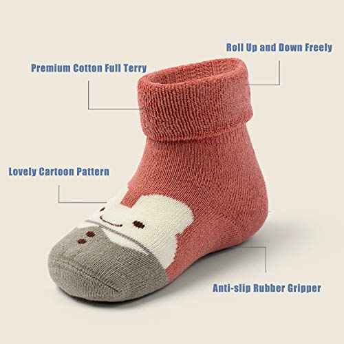 HowJoJo Baby Warm Socks With Grips For Baby Boys Non Slip Winter Socks Baby Girls Thick Crew Socks 6 Pack 12-24 Months3