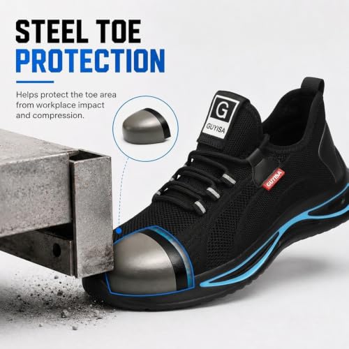 Image of GLANOUDUN Steel Toe Shoes for Men Lightweight Safety Toe Work Shoes Black | Anti Impact Toe Cap, Puncture Resistant, Wear resistant, Comfortable, Cushioned, Breathable, Construction Warehouse Logistics