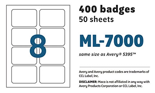 Maco Laser/Ink Jet White Name Badge Labels, 2-1/3" X 3-3/8", 8 Per Sheet, 400 Per Box (Ml-7000) #TOP4