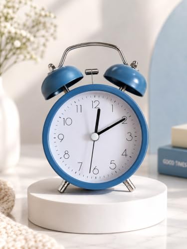 Image of Classic Twin Bell Analog Alarm Clock Retro Metal Table Clock with Night Light and Loud Mechanical Ringer for Bedroom Office and Heavy Sleepers Dark Blue