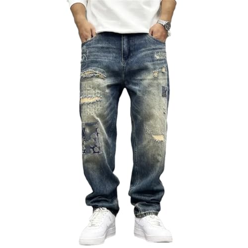 Men's Baggy Vintage Distressed Patchwork Straight Loose High Street Hip-Hop Long Pants Jeans