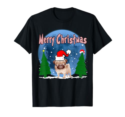 Pug Dog Santa Hat Merry Christmas Funny Dogs Lovers Xmas Camiseta