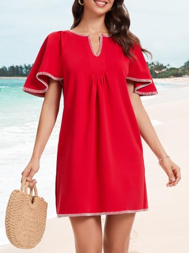 Image of KEOMUD Women's Summer Short Sleeve Mini Dress Casual V Neck Contrast Trim Flowy Shift Dresses with Pockets