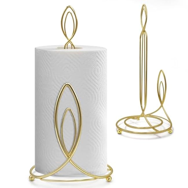 Candle Shaped Paper Towel Holder, Countertop-Decorative Farmhouse Tissue Paper roll Holder, Rustic Metal Modern Stand for Kitchen Bathroom Rest Room (Brass)