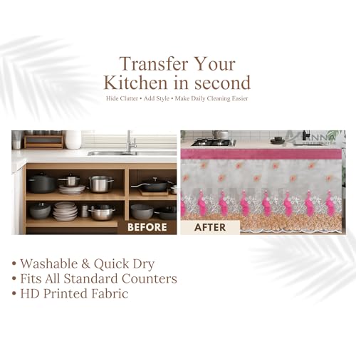 Image of Embroidered Kitchen Sink Curtain with Rod Pocket | Decorative Under Sink Cabinet Curtain | Floral & Peacock Design | Washable Fabric | Size: 150 x 71 CM (Pink, Pack of 1)