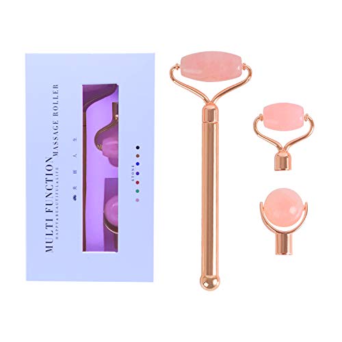 Rouleau de jade, comprend trois têtes remplaçables, 100% de pierre de jade véritable, rouleau de quartz rose, poignée en métal doré, kit de massage facial anti-âge pour les yeux Natural Treat