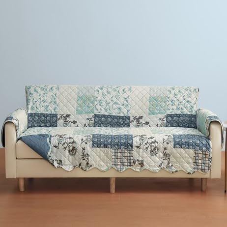 S - M-Enterprises. Garden Floral Patchwork Scalloped Edge Furniture Protector-Loveseat -Blue