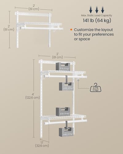 SONGMICS HOME Closet System, Closet Insert Organizer, 2-4 ft, Adjustable Metal Shelving Unit with 2 Hanging Rods, 2 Shelves, and Hooks, for Pantry Mudroom Garage Basement, Cloud White URGR030W01 - Image 4