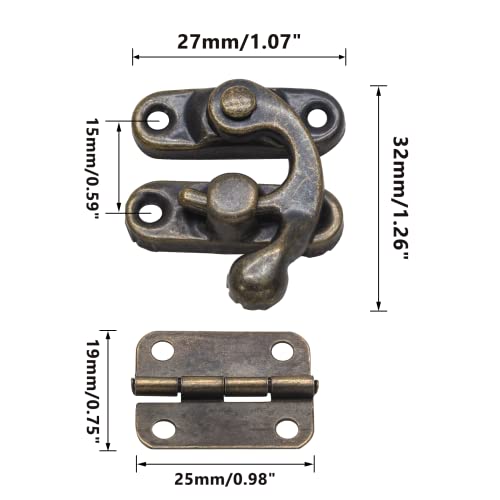 Kyuionty Antique Bronze Right Latch Hook Hasp, Small Box Hinges and Retro Latch Lock for Decorative Cabinet Small Wooden Jewelry Box Gift Box (1 Pcs Hasp Catch + 2 Pcs Hinges) - Image 2