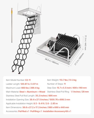 Image of VEVOR Attic Ladder, 660LBS /299.4KG Capacity, Fits 8.5 to 9.4 ft Ceiling Height and 39.4 x 27.5 inch Opening Size, Alloy Steel Pull-Down Retractable Ceiling Stair with Pulling Rod for Attic Loft Roof