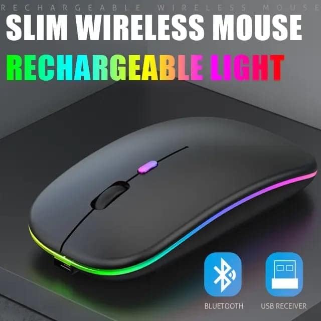 Image of Slim Wireless Mouse with Rechargeable Battery | Dual Mode BT + 2.4GHz Mouse | Silent Click | 800 /1200 /1600 DPI Adjustable | Multicolor LED | Lightweight Ergonomic Mouse for Laptop & PC (Black)