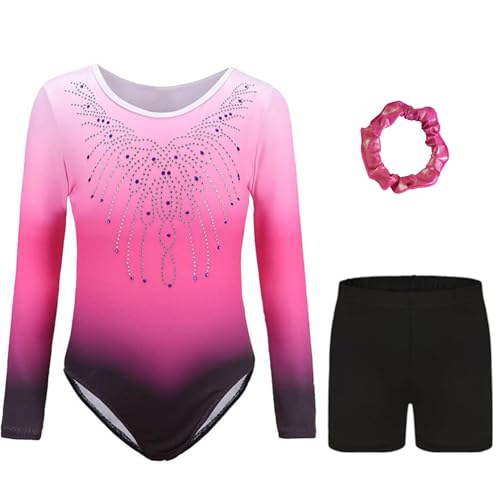 Kiscorpse Justaucorps de Gymnastique pour Filles Trois Pièces Maillots de Gymnastique Gymnastique à Manches Longues avec Short et Bandeau Ballet Dancewear (Rose-manches longues, 11-12 ans)