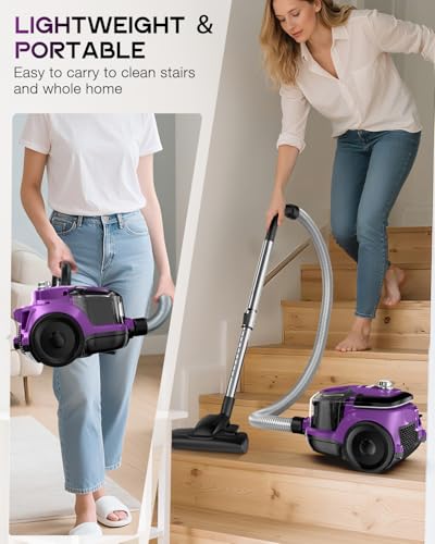 Image of Zefiro Canister Vacuum Cleaner, Bagless Canister Vacuum for Home, Powerful Suction, Auto Cord Rewind, HEPA Filter, Corded Vacuum for Hard Floors, Carpet, Apartment /Rental Friendly(Purple&Gray)