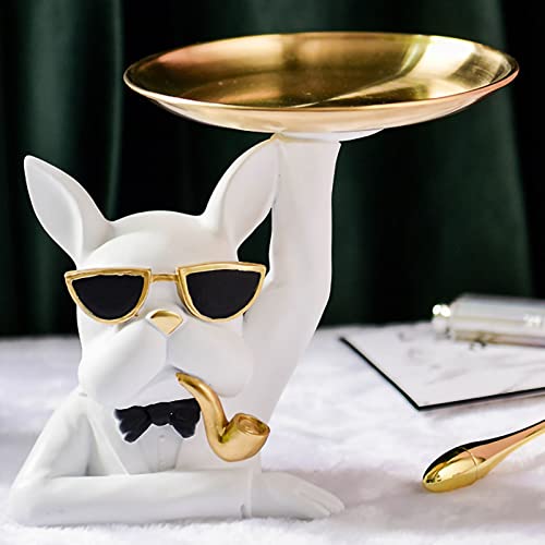 RASTKY Bandeja de Estatua de Bulldog, Plato Decorativo de Fruta para Sala de Estar, Dormitorio, Figura de Almacenamiento de Joyas de Resina Sintética para Escritorio Limpio, Bandeja de Escultura de
