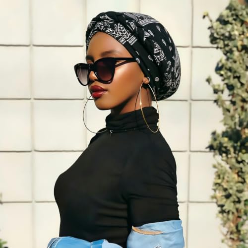 Image of DRESHOW Turban Pre-Tied Twisted Hat Thread African Head Wraps for Black Women Chemo Cancer Cap Braid Hair Cover
