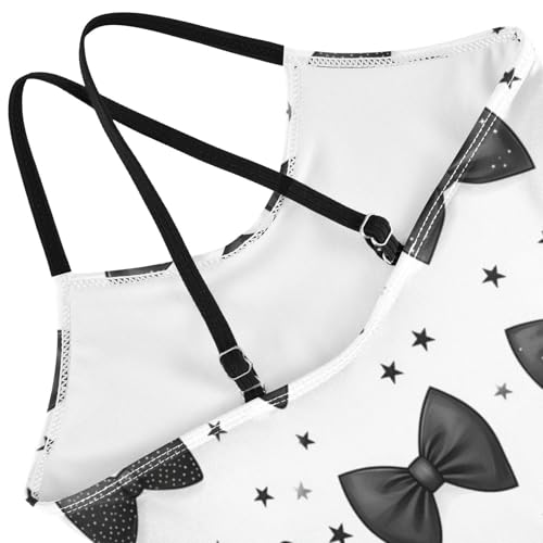 Pigsaly Girls One Piece Swimsuits Grey Black Stars Bow Tie Kids Cross Back Swimwear Toddler Beach Sport Bathing Suit 3T4