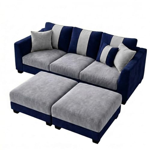 Image of Revo 5 Seater L Shape Sofa Set with 2 Movable Ottomans | Flexible Layout | Luxury Velvet Suede Fabric | Modern Living Room Sofa | Dark Blue-Light Grey