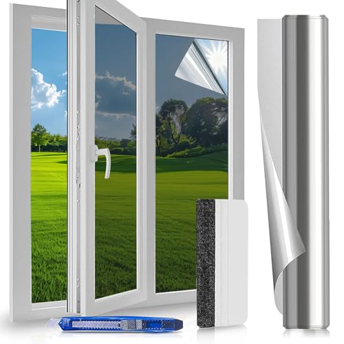 Fensterfolie Sonnenschutzfolie Fenster Innen - 60x200 cm - Spiegelfolie Fenster Sichtschutz, Spiegelfolie Selbstklebend, UV-Schutz Sichtschutzfolie Fenster, Silber Hitzeschutzfolie für Haus, Büro