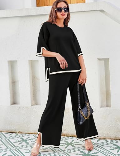 Image of Tanming Sweater Sets Women 2 Piece Lounge Sets Short Sleeve Knit Pullover Tops Wide Leg Pants