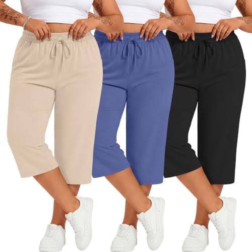Neer 3 Pack Womens Plus Size Cotton Capris Stretchy Wide Leg Cropped Pants with Pockets Loose Fit Lounge Pajama Sweatpants(Black Denim Blue Apricot 3X-Large)