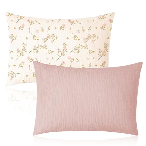 2 Pcs Toddler Pillow Cases Cotton Muslin Soft Breathable Toddler Pillow Cases Protectors for Baby Kids (Light Pink, Floral)