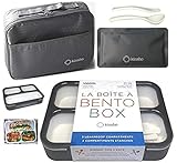 Bento Box and Lunch Bag Set | 3 Compartment Meal Boxes for Work or School | Teens Adults Boys Women | Grey Black Large in Bag
