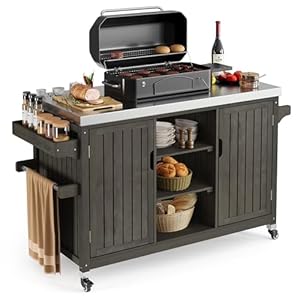 YITAHOME Outdoor Grill Cart and Storage Cabinet with Stainless Steel Table Top and Spice Rack, 59.64'' x 23.62'' Solid Wood Kitchen Island Bar Table Movable Coffee Cart with Lockable Wheels, Brown YITAHOME Outdoor Grill Cart and Storage Cabinet with Stainless Steel Table Top and Spice Rack 5964 x 2362 Solid Wood Kitchen Island Bar Table Movable Coffee Cart with Lockable Wheels Brown
