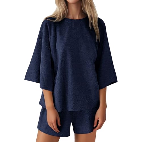 Womens Two Piece Sets Lounge Sets for Women Summer Shirt and Shorts Set 2 Piece Outfits Womens Casual Oversized 3/4 Sleeve T Shirts Top Pajama Matching Beach Vacation Clothes,BU2,M