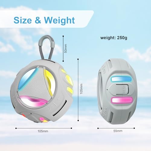 Image of Portable Bluetooth Speaker, IPX7 Waterproof Shower Speaker, Wireless Outdoor Speakers, Floating, Built-in Mic, 24H Playtime with LED Lights, Loud HD Sound, Powerful Bass, Gifts for Unisex - Gray