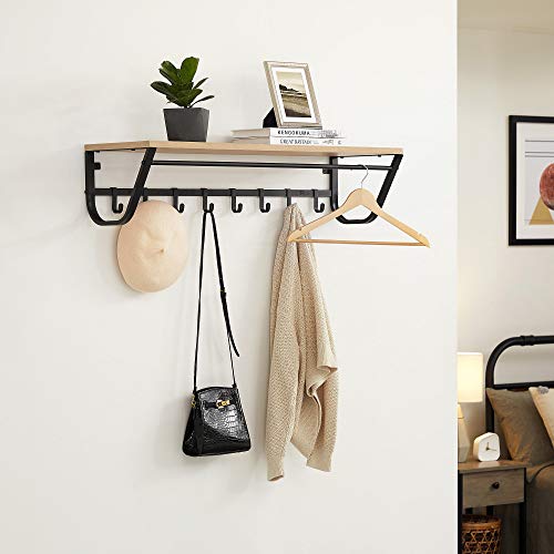 ACAZA Wandgarderobe mit Aufbewahrungsregal, Stange und 8 Haken, Metallrahmen, Industriestil, für Eingang, Flur, Schlafzimmer, Badezimmer, Wohnzimmer, Farbe: helle Eiche