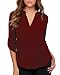 roswear Women's Casual V Neck Cuffed Sleeves Solid Chiffon Blouse Top Burgundy Large