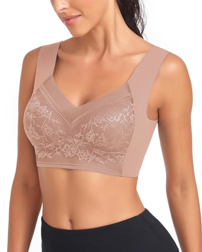 Image of WOWENY Seamless Lace Bras for Women Wirefree Comfortable Mesh Padded Soft Back Smoothing Bra