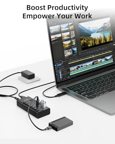 Image of AGEEN 7-Port USB 3.2 Gen 2 Hub, 10Gbps High-Speed Aluminum Powered Hub with 24W Adapter, Individual Switches & Surge Protection for PC /Laptop, Flash Drive, Printer, Camera