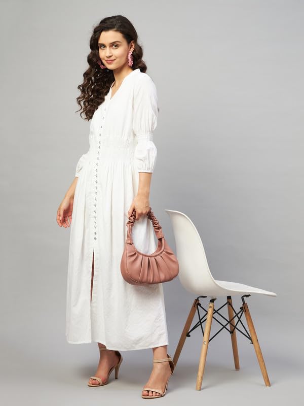Image of Aaheli Women's Kanta Cotton Western Dress | Striped Long Flared Dress with V-Neck & Full Sleeves | Soft, Breathable Fabric | Casual, Office & Everyday Wear | OFFWHITE, 3XL