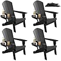 FOOWIN Folding Adirondack Chair Set of 4, HDPE Adirondack Chairs with Cup Holder, Weather Resistant Plastic Fire Pit Chairs for Outdoor, Patio, Lawn, Garden, Backyard, Deck, Black