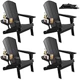 FOOWIN Folding Adirondack Chair Set of 4, HDPE Adirondack Chairs with Cup Holder, Weather Resistant Plastic Fire Pit Chairs for Outdoor, Patio, Lawn, Garden, Backyard, Deck, Black