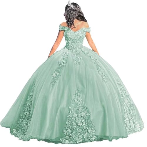 TRHTX Lace Appliques Quinceanera Dresses Off Shoulder Beaded Mint Green Puffy Prom Dresses Long Ball Gown Size 4