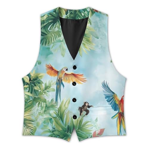 Vintage Jungle Parrots Monkey Men's Formal Suit Vest for Business Formal Or Casual Dress Waistcoat Wedding3