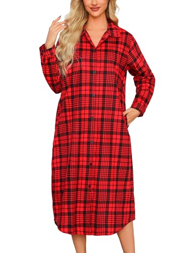 ENJOYNIGHT Nachthemd Damen Lang Flanell Schlafshirt Langarm Sleepshirt Knopfleiste Nachtwäsche Hauskleid mit Taschen(Medium,Rot+Schwarz)