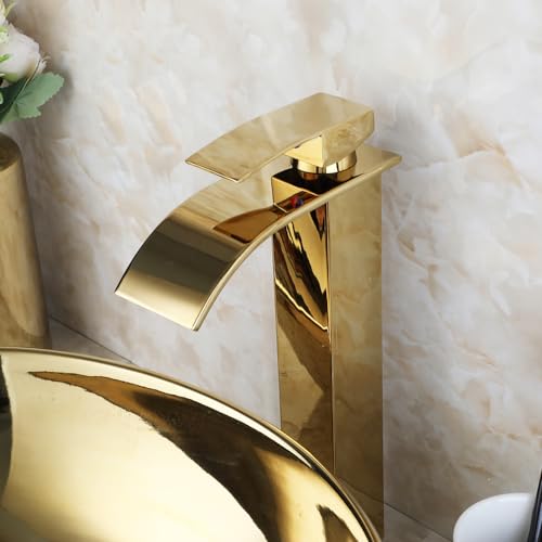 Focitland FI-4528-8255K Gold Vessel Sink,Artistic Oval Ceramic Vessel Sink With Waterfall Faucet And Drain Combo,Gold Boat Shape Bathroom Sink Above Counter Modern Porcelain Vessel Sink Bowl,Golden Yuanbao Design thumb #4