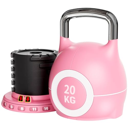7 in 1 Adjustable Kettlebell 10/20kg Kettlebell with Die-Cast Aluminum and ABS Material Quick Adjustment Weights and Safety Lock Space-Saving for Full-body Workout & Cross-Training (Pink 20kg)
