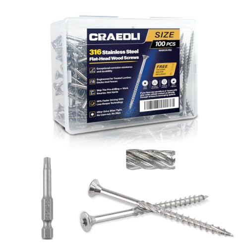 Craedli Tornillos para Madera #10 x 3 de Acero Inoxidable 316 con Mango Moleteado, Cabeza Plana Torx T25 Tipo Punta 17 Resistente a la Corrosión para Terrazas y Construcción Costera (100 Piezas con Broca T25 Incluida)