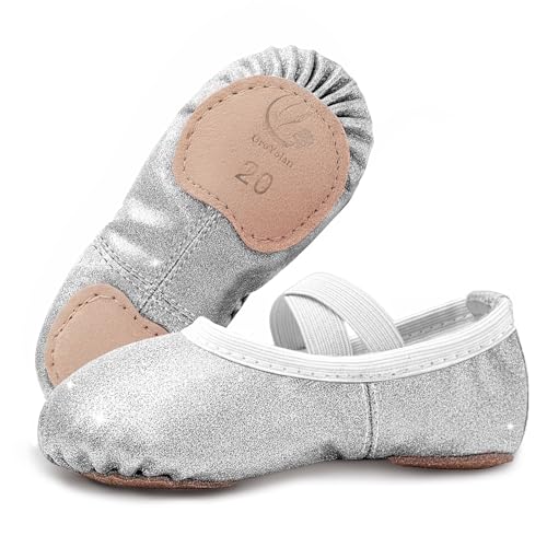 GroYolan Błyszczące dziewczęce buty baletowe, baletki, baleriny, buty do tańca, występu, gimnastyki, srebro, 26 EU